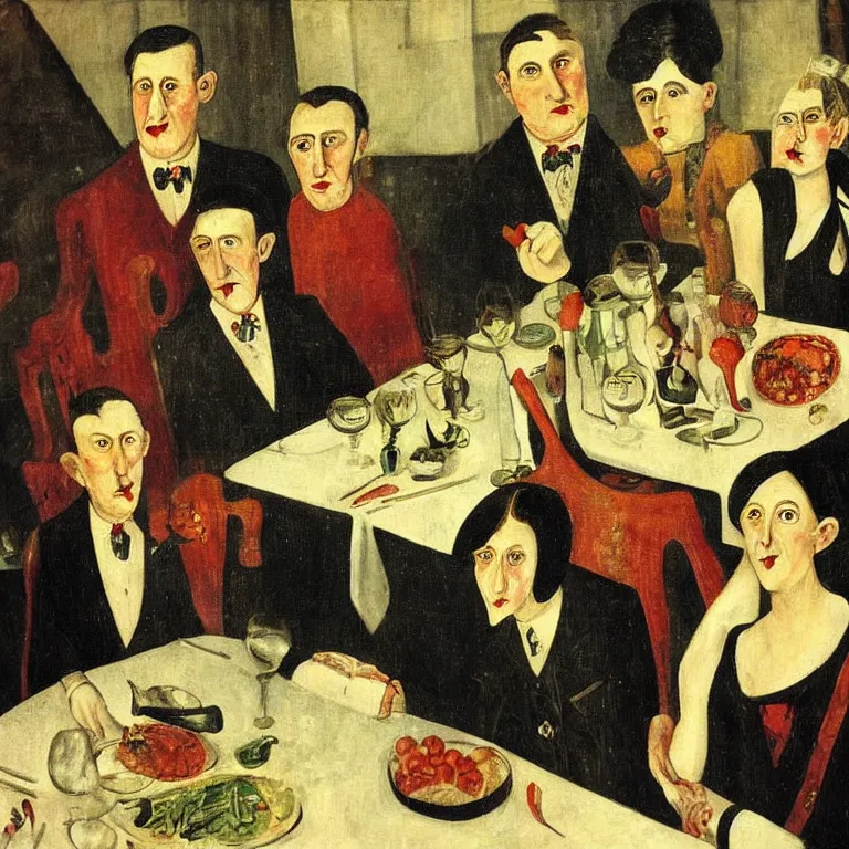 Prompt: Unhappy family gathered at the dinner. Painting by Otto Dix