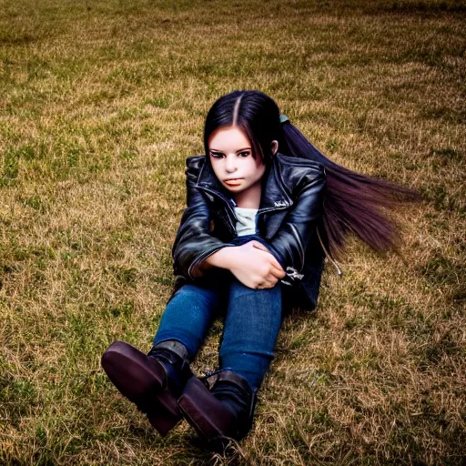 Image similar to young girl lies on a meadow, she has 2 pony tails and wears leather jacket, jeans and knee high black boots, sharp focus, photo taken by nikon, 4 k,