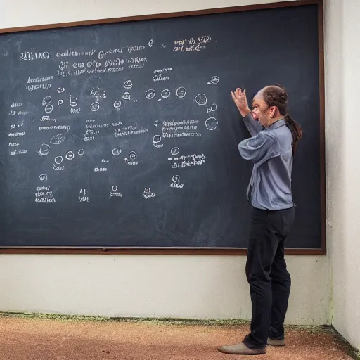 Image similar to chimpanzee scientist lecturer teaching evolution standing in front of a blackboard in a university