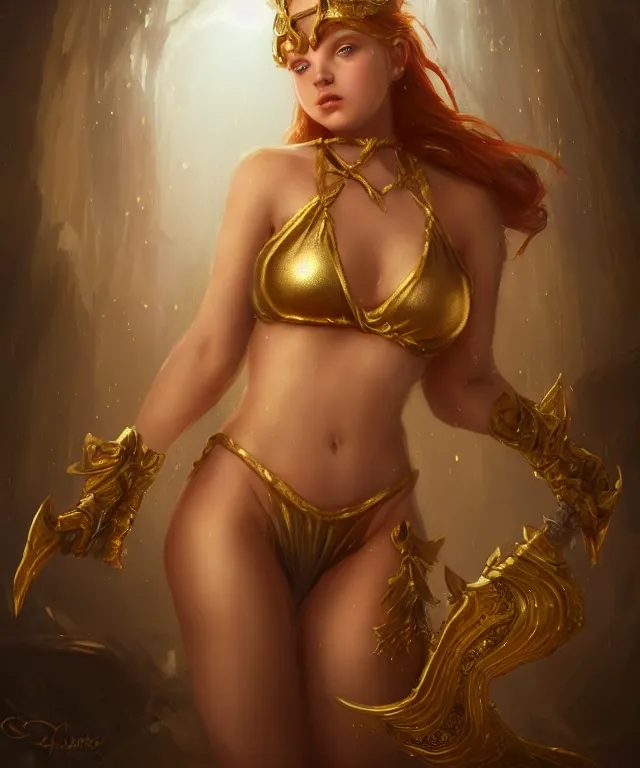 Prompt: cute friendly fantasy dwarf wearing a bikini in gold hoard by charlie bowater and titian and artgerm, intricate, face, cavern, elegant, golden mist, beautiful, highly detailed, dramatic lighting, sharp focus, trending on artstation, artstationhd, artstationhq, unreal engine, 4 k, 8 k