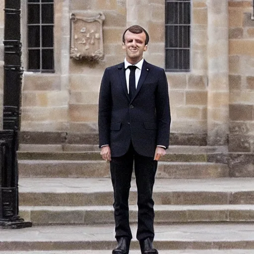 Prompt: emmanuel macron as a student in hogwarts school of withcraft and wizardry, full body shot, highly - detailed, sharp focus, award - winning