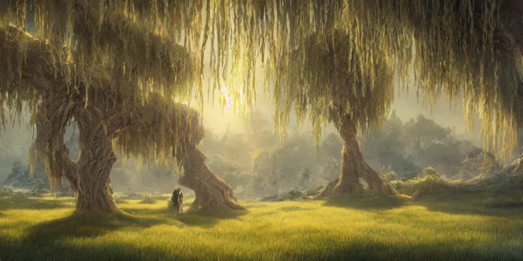 Image similar to willow tree, matte oil painting, highly detailed, hyperrealistic, cinematic, breathtaking, beautiful composition, Studio Ghibli, Dan Mumford, volumetric lighting, octane render, 4K resolution, trending on artstation