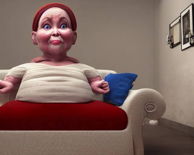 Image similar to of a very beautiful scene. ambient occlusion render. a sweet fat old woman is flying above the sofa. hyper realistic. 4 k. wide angle. wild. symmetrical face, red mouth, blue eyes. deep focus, lovely scene. ambient occlusion render. concept art. unreal engine.