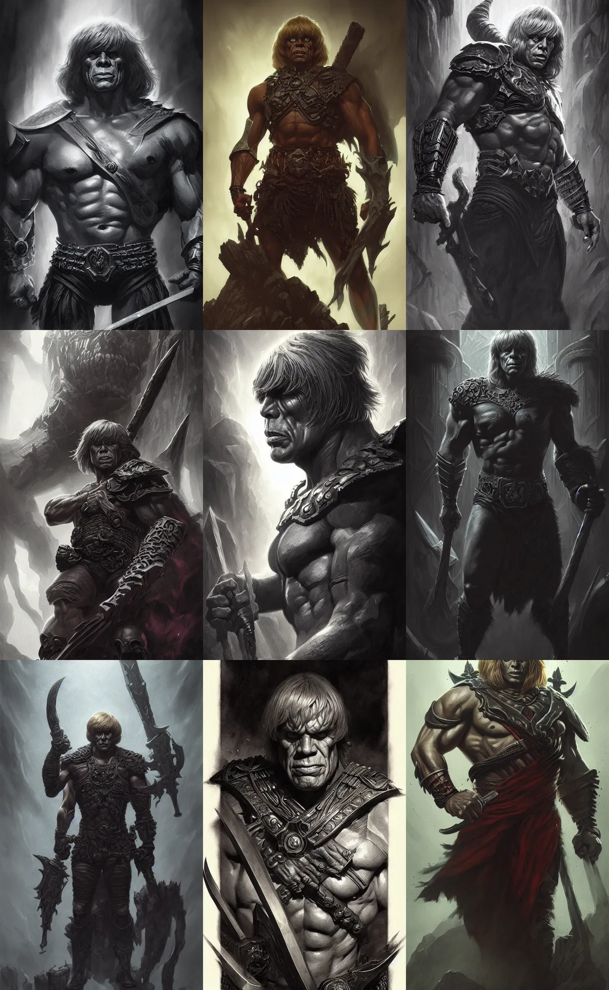 Image similar to uncut portrait of he - man, dark and mysterious and eerie and ominous character, cinematic, epic, highly detailed, intricate, illustration, artwork by marcus whinney and greg rutkowski