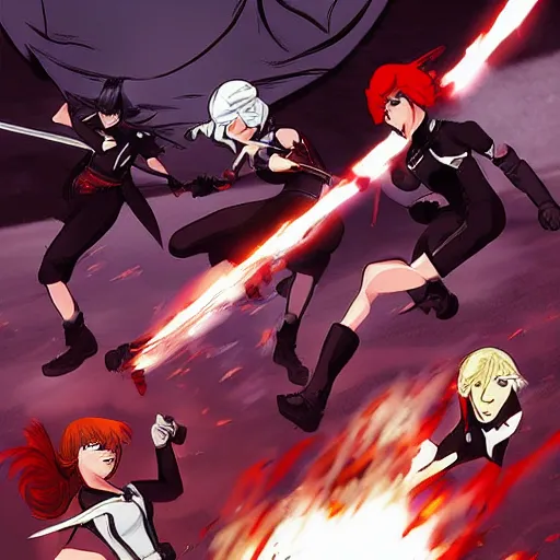 Image similar to Team RWBY fight scene, comic book art