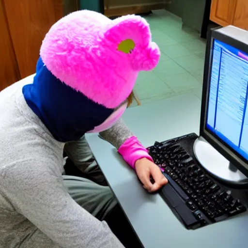 Image similar to Stock photo of a human burglar wearing a ski mask hacking into a pink Hello Kitty computer, funny, bizzare