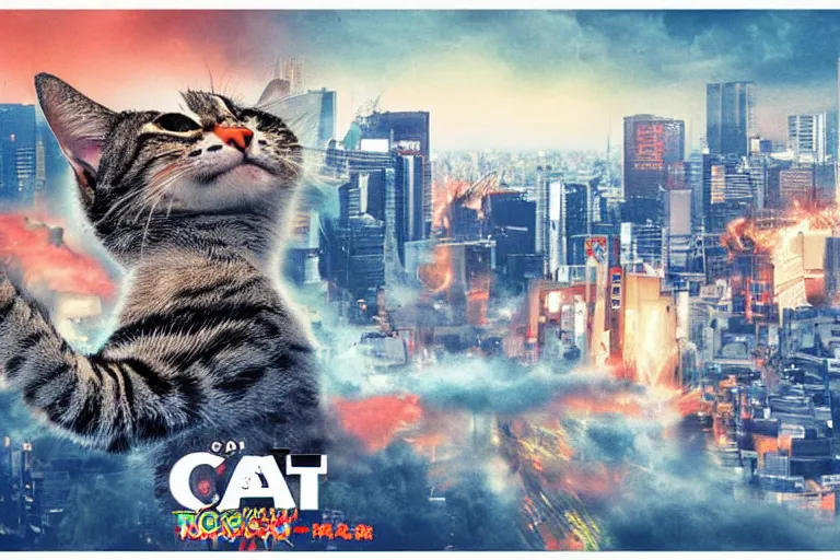 Prompt: cat attacking Tokyo, disaster movie poster, masterpiece, masterwork, cgstudio