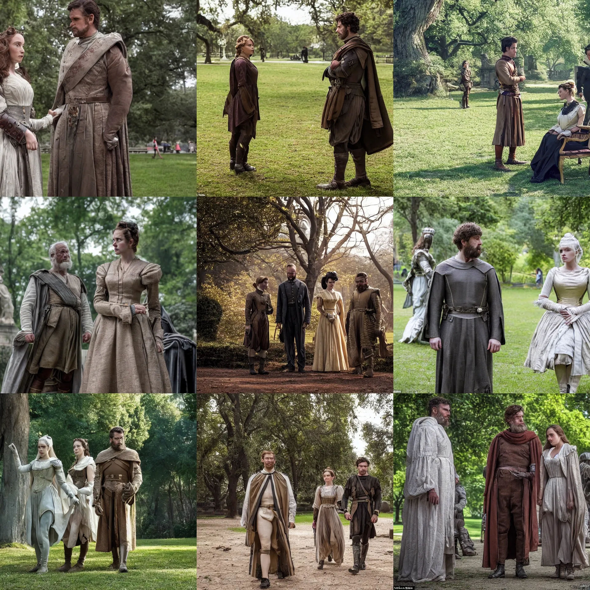 Prompt: sharp, highly detailed, film from a 2 0 1 9 sci fi 8 k movie, time travelers suddenly appear in a park in 2 0 1 9, a man from the roman empire and a woman from 1 8 6 0, wearing correct era clothes, atmospheric lighting, in focus, reflective eyes, 3 5 mm macro lens, live action, nice composition