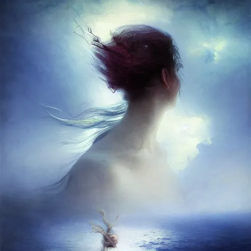 Image similar to dreams of the fae; three-quarters portrait; heterochromia; oil paints; 8k, surrealism, abstract imagery by Aleksi Briclot and Ivan Aivazovsky; blotchy skin, piercing eyes, flowing hair, underwater