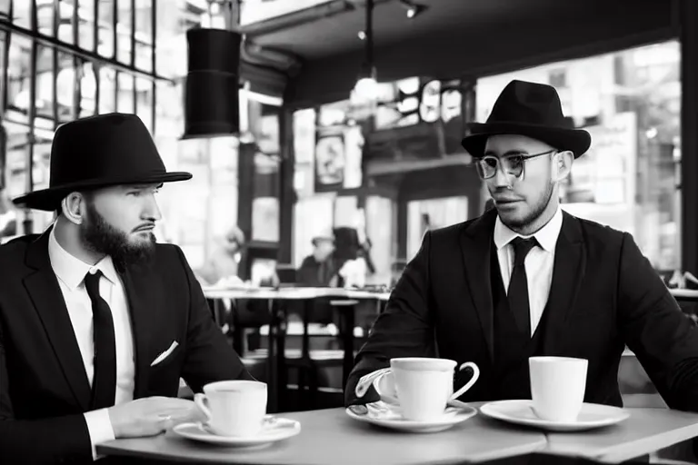 Image similar to still photo of new york men wearing suit and hat at a cafe, black and white color aesthetic, highly detailed, photorealistic portrait, bright studio setting, studio lighting, crisp quality and light reflections, unreal engine 5 quality render