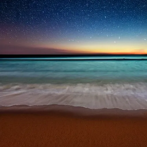 Prompt: calm peaceful beach at night, dark sky lit up with stars, alone, nighttime, waves, shore, sand