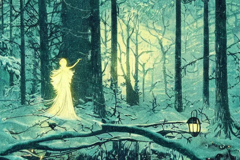 Image similar to a scenic view of a shining ghost in the middle of a magical forest at night, detailed, cinematic, dramatic scene, retro illustration by Norman Rockwell.