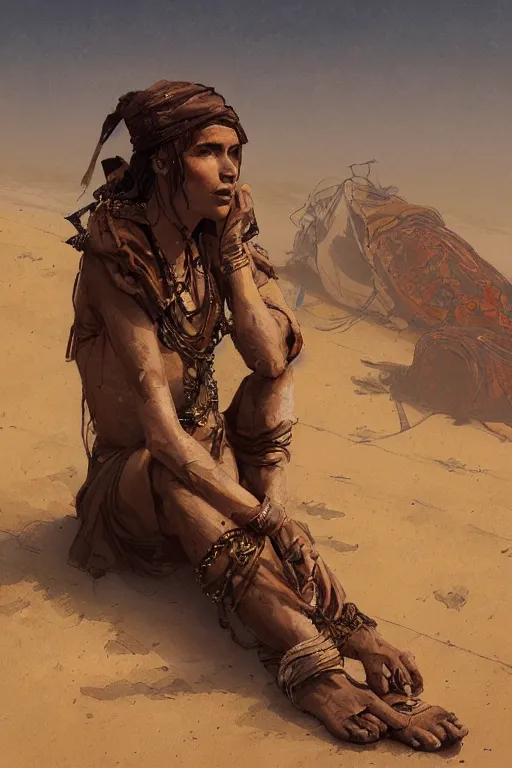 Image similar to a full body portrait of a beautiful post apocalyptic offworld desert bedouin blind barbarian leper laying by the roadside, begging, intricate, elegant, highly detailed, digital painting, artstation, concept art, smooth, sharp focus, illustration, art by krenz cushart and artem demura and alphonse mucha