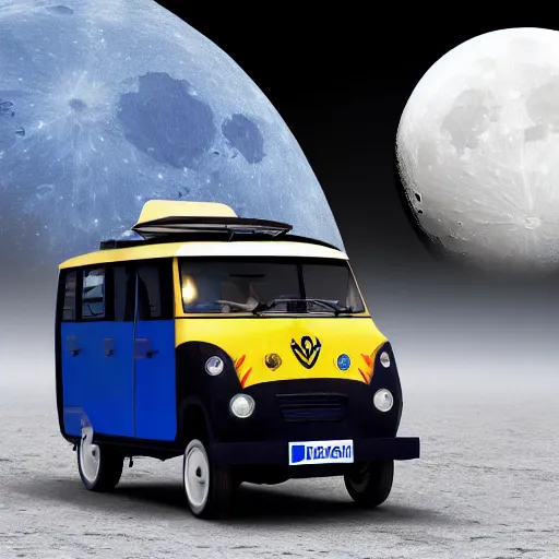 Image similar to a dark blue tuk tuk traveling on the surface of the moon, moon craters, black sky, hard science fiction, milky way, moon, matte painting, concept art, 4k