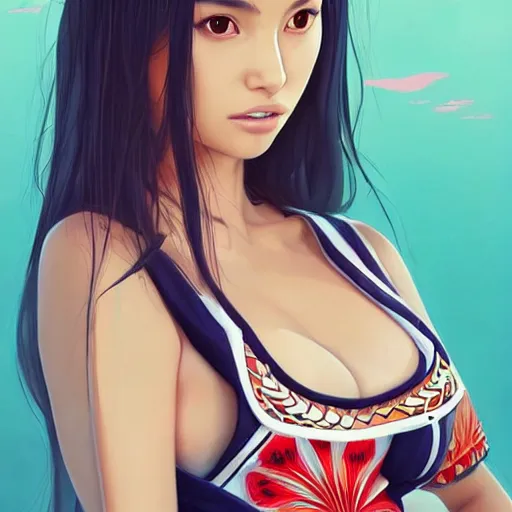 Image similar to a beautiful young japanese natalie portman alluring gravure model, stylized concept art, wearing elegant designer bomber jacket and one piece bikini, bomber jacket with mesoamerican patterns, mesoamerican native street fashion, princess mononoke, painted by ilya kuvshinov aesthetic, gorgeous, stunning, alluring, attractive, artstation, pinterest, digital art