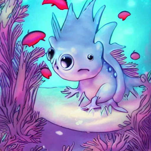 Image similar to a cute blue axolotl, under water, fantasy style