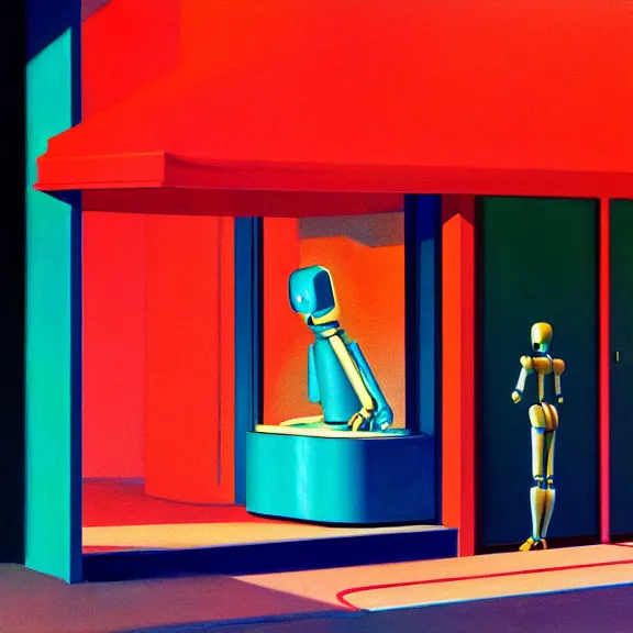 Prompt: beautiful illustration of a robot on light background by Edward Hopper, clean lines, very detailed, colorful octane render