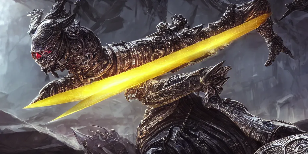 Image similar to legendary cybernetic full long sharp sword lying flat on a glowing table with a black and iridescent sword blade, digital award winning hd matte painting, intimate dark moody, intricate, ornate spikes, colorful gems on hilt, detailed realistic raytraced blade, future golden technological pommel, in the style of greg rutkowski and krenz cushart, deviantart