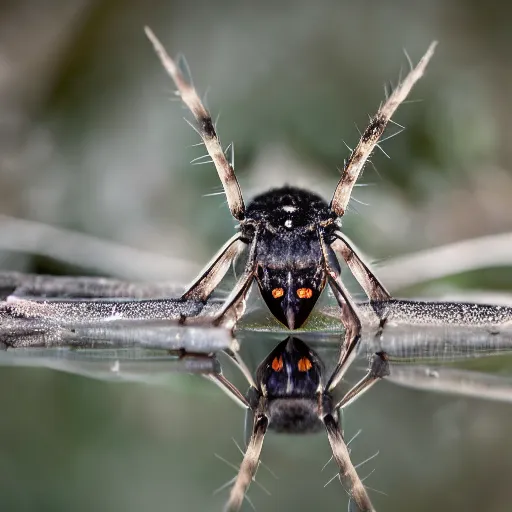 Image similar to close up photo of a cellar spider, drinking water from a lake in tasmania, bokeh, 4 0 0 mm lens, 4 k award winning nature photography