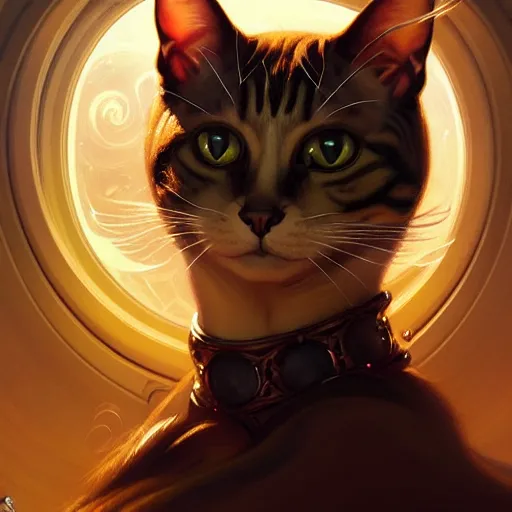 Image similar to Portrait of cat in space, D&D, dark fantasy, intricate, elegant, highly detailed, digital painting, artstation, concept art, smooth, sharp focus, illustration, art by artgerm and greg rutkowski and alphonse mucha