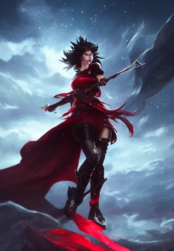 Image similar to a beautiful fierce long black haired woman wearing red dress wielding black sword posing heroically, heavenly moonlit clouds background, close up shot, perfect hyperdetailed face, league of legends style, splash art, highly detailed, vray, artstation, extremely detailed woman, stunning volumetric lighting, hyper realism, fantasy 4k