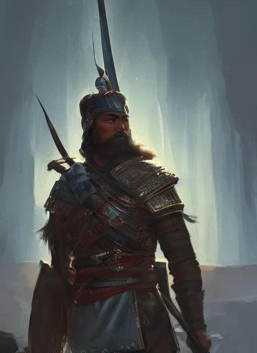 Image similar to portrait, A Turkic warrior, Central Asia, Dynamic lighting, cinematic, establishing shot, extremely high detail, photorealistic, cinematic lighting, intricate line drawings, post processed, concept art, artstation, style by Raphael Lacoste, Eddie Mendoza