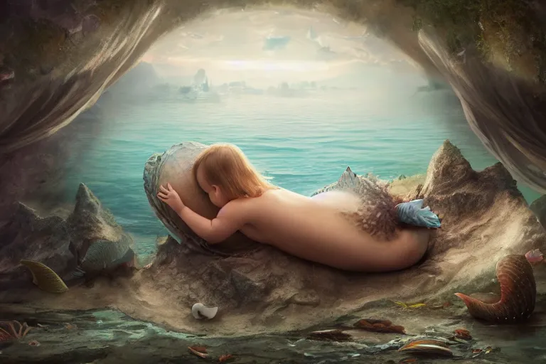 Image similar to a baby mermaid laying inside a egg, matte painting, concept art, digital art, trending on artstation, 4 k, extremely detailed, realistic, fantasy art,