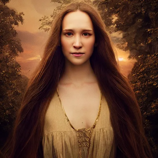 Prompt: pure and kind aristocratic long straight brunette female, complete person, innocent, pure, naive, atmospheric lighting, painted, intricate, volumetric lighting, beautiful, rich deep colours masterpiece, golden hour, sharp focus, ultra detailed, by leesha hannigan, ross tran, thierry doizon, kai carpenter, ignacio fernandez rios