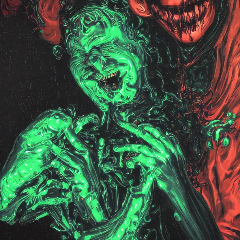 Prompt: baroque neoclassicist close - up portrait of a retrofuturistic uv blacklight dark alien horror clown dripping in glowing toxic slime. dark black background, glowing circus atmosphere. highly detailed science fiction painting by norman rockwell, frank frazetta, and syd mead. rich colors, high contrast, gloomy atmosphere. trending on artstation and behance.