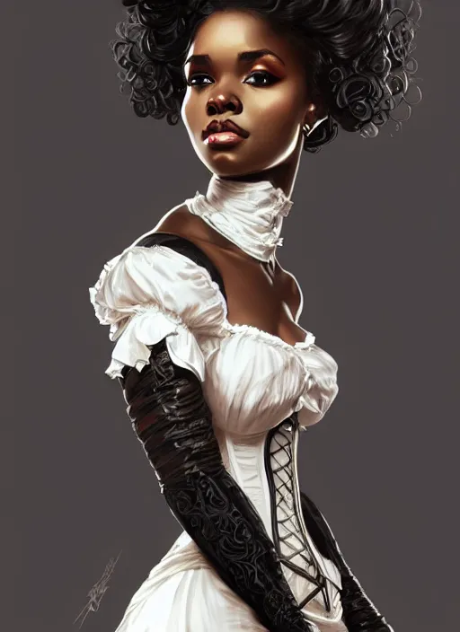 Image similar to cute black woman wearing a white corset dress, fantasy, intricate, highly detailed, digital painting, artstation, concept art, wallpaper, smooth, sharp focus, illustration, art by artgerm and greg rutkowski and alphonse mucha