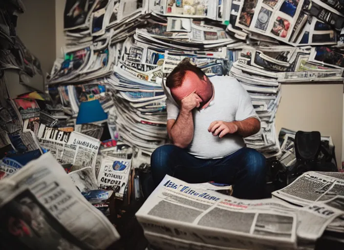 Prompt: dslr photo still of!!! alex jones!!! sitting depressed in a room filled to the ceiling with newspapers, 5 2 mm f 5. 6