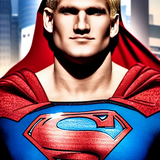 Prompt: portrait of blonde superman with blonde hair he is blinde and thin face lines, his cape is the american flag