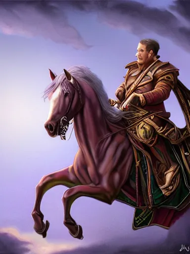 Image similar to a handsome man weaing a purple silk robe, happy and disarmed, laurels of glory, returns to home triunphantly mounted in a horse. full of pride. victorirous. prideful.. intricate, elegant, highly detailed, digital painting, artstation, concept art, sharp focus, illustration, by justin gerard and artgerm, 8 k