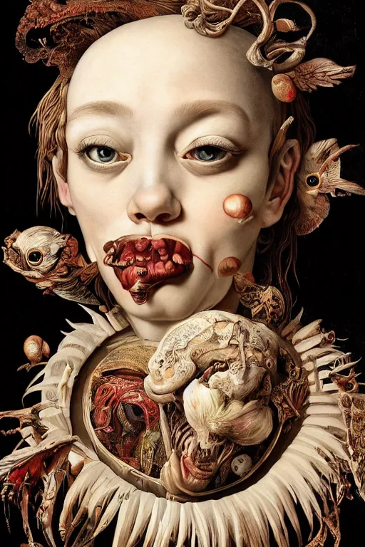 Image similar to Detailed maximalist portrait with large lips and with large, wide eyes, sad expression, HD mixed media, 3D collage, highly detailed and intricate, surreal anatomy, illustration in the style of Caravaggio, dark art, baroque