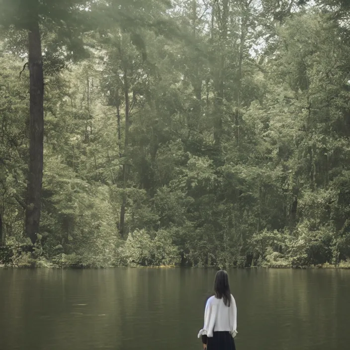 Prompt: a woman, standing in a lake, backlit, wearing amazing clothes, backlit, photo by Marat Safin, Canon EOS R3, f/1.4, ISO 200, 1/160s, 8K, RAW, unedited, symmetrical balance, in-frame