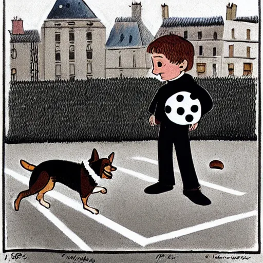 Image similar to book illustration of a french boy on the streets of paris playing football against a corgi, the dog is wearing a polka dot scarf, 1 9 6 6