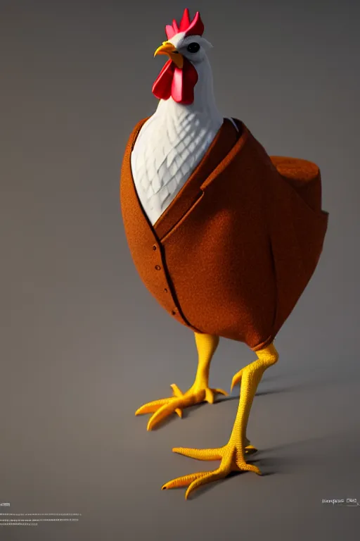 Image similar to a chicken wearing a formal overcoat, hyperrealistic, concept art, octane render, unreal engine 5, trending on artstation, high quality, highly detailed, 8 k, soft lighting, path traced, high coherence, digital art, beautiful, elegant clothes, trending on deviantart, masterpiece