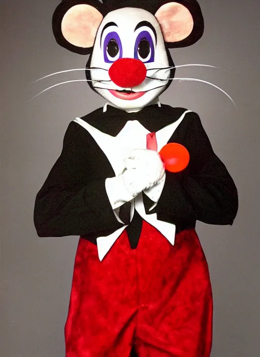 Image similar to Chuck E. Cheese mascot low quality 2002 circus portrait of an anthropomorphic rat animatronic dressed like a clown, professional portrait, camera flash, dimly lit mouse, Chuck E. Cheese head, authentic, mouse, costume weird creepy, off putting, nightmare fuel, Chuck E. Cheese