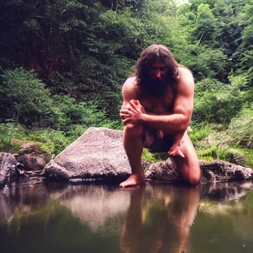 Image similar to a caveman kneeling down at a river, an looking at his own reflection cinematic 3 5 mm 8 k realistic