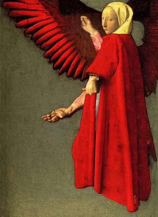 Image similar to Flying Fallen Angel with wings dressed in red, Medieval painting by Jan van Eyck, Johannes Vermeer, Florence