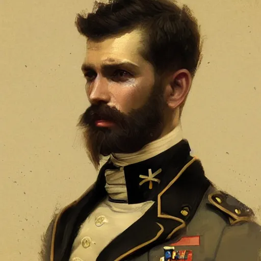 Prompt: Portrait of a naval officer, male, detailed face, 19th century, highly detailed, cinematic lighting, digital art painting by greg rutkowski