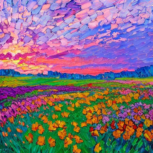 Prompt: a painting of a sunset over a field of flowers, an oil painting by erin hanson, deviantart, american impressionism, rich color palette, impressionism, fauvism