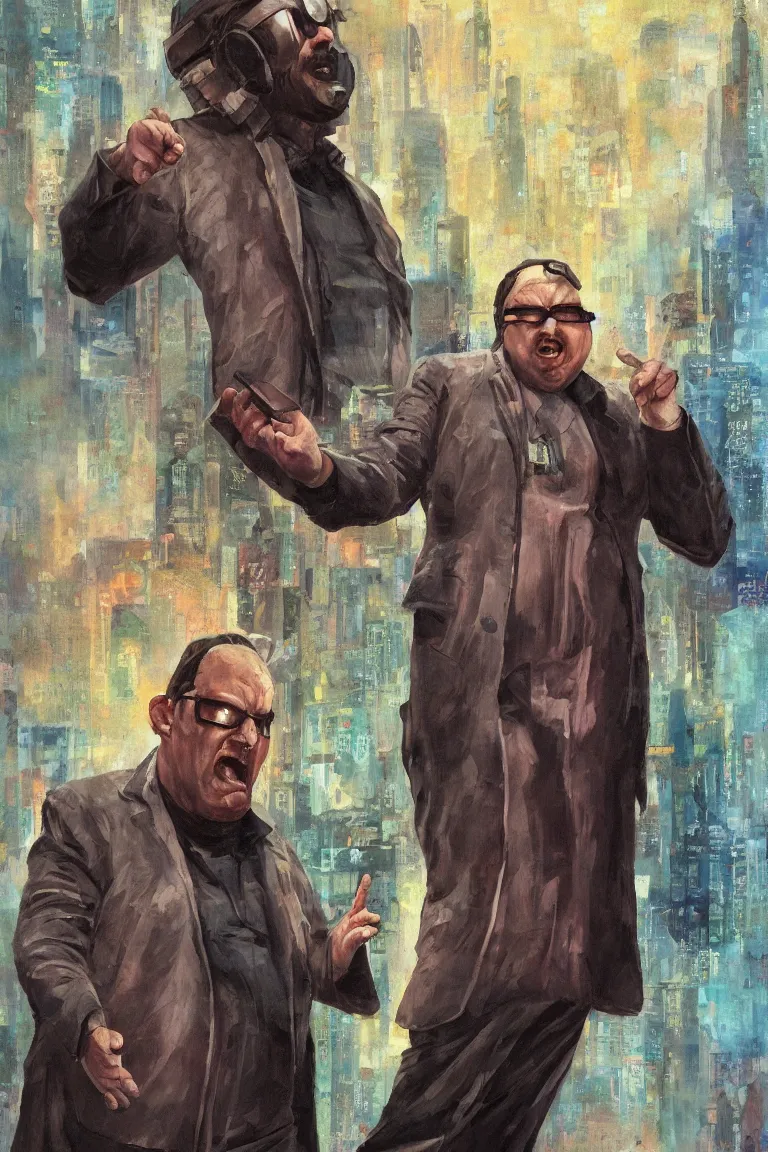 Image similar to fat cyberpunk soviet preacher mid-speech, pointing one finger at the viewer, detailed face and hands, oil on canvas, trending on artstation