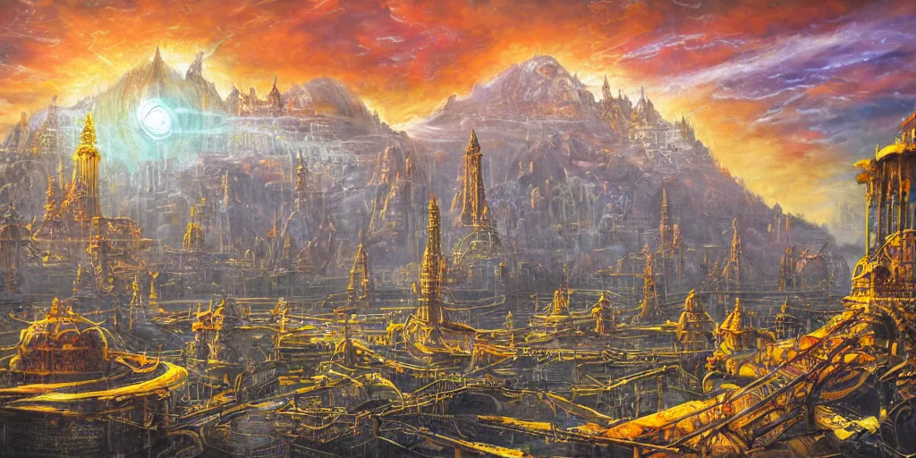 Image similar to fantasy oil painting, gleaming silver mega structure city, argos, indore, kailasa, ellora, hybrid, looming, small buildings, warm lighting, street view, overlooking, epic, interstellar space port launching dock, distant mountains, bright clouds, luminous sky, cinematic lighting, michael cheval, david palladini, oil painting, natural tpose