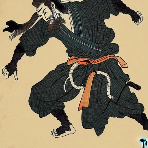 Prompt: by hokusai, samurai man vagabond, the samurai holds chains, detailed, matte print, concept art, ink style, sketch, digital 2 d