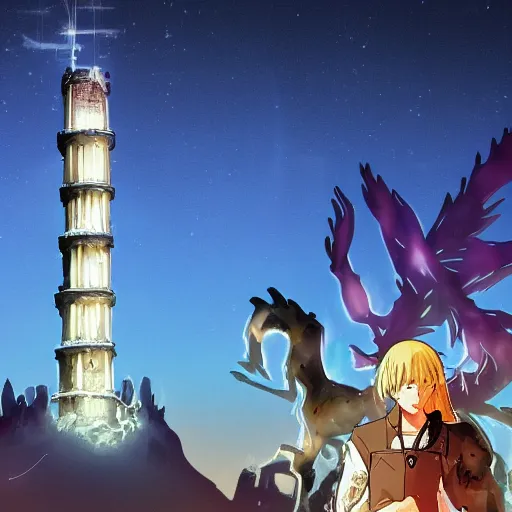 Image similar to Anime style, desert at night filled with beasts, tall white tower in the background, HD,