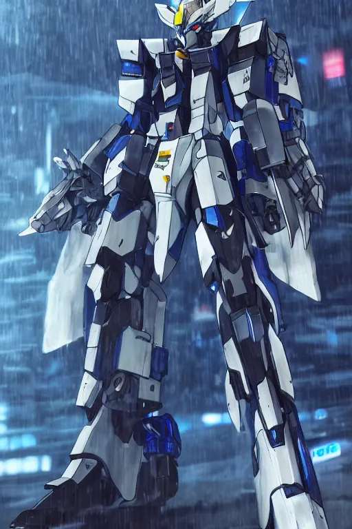 Image similar to Azure Wolf wolf GUNDAM on a futuristic cyberpunk city under heavy rain, cinematic lighting, Lightning arc plasma, symmetric full body azure GUNDAM mecha, GUNDAM wing style armor, GUNDAM armor, samurai armor, mortar heads, mech suit, full body armor, lamellar armor, exoskeleton, post processing, ultra detailed, trending on artstation