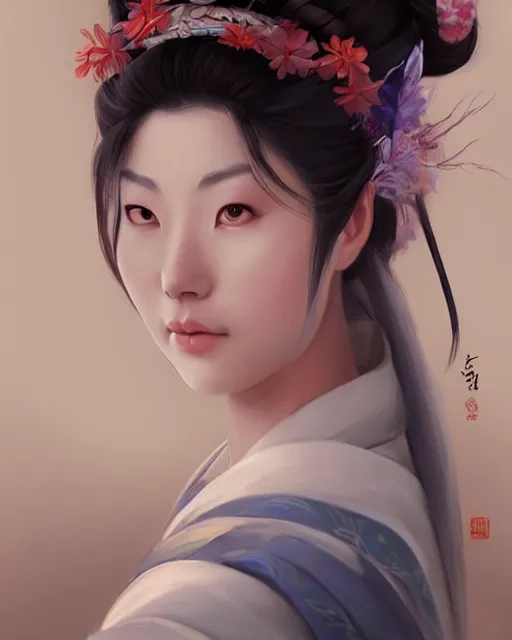 Prompt: Beautiful Geisha Portrait, character portrait art by Mandy Jurgens, 4k portrait, magical mood from japan, cgsociety