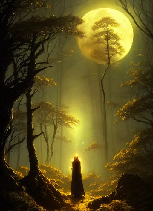 Image similar to fantasy book cover, full moon, fantasy forest landscape, golden vector elements, fantasy magic, dark light night, intricate, elegant, sharp focus, illustration, highly detailed, digital painting, concept art, matte, art by greg rutkowski and Artgerm and Albert Bierstadt, masterpiece