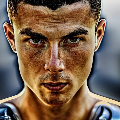 Image similar to portrait of cristano ronaldo wearing heavy shiny armor, gladiator style, clouded, detailed, intricate, realistic, hdr, 8 k